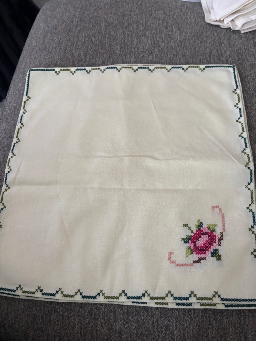 Hand-Embroidered Cream Linen Accent Square with Pink Rose